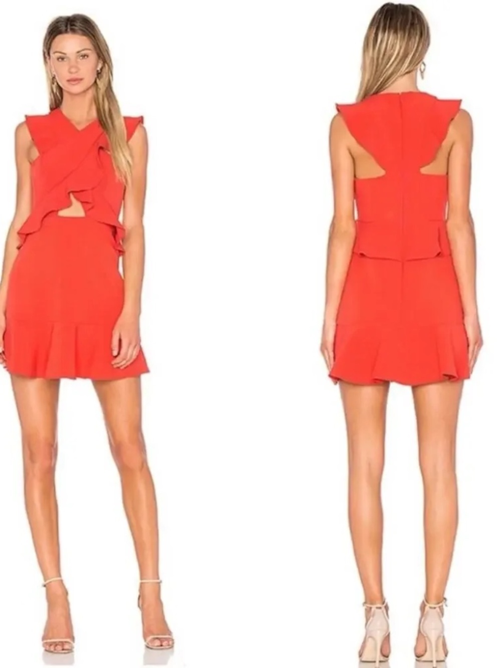 BCBGMaxAzria Careen Dress Mini Coral Red Ruffle Cutout Cocktail Party Size 2 - Picture 2 of 6